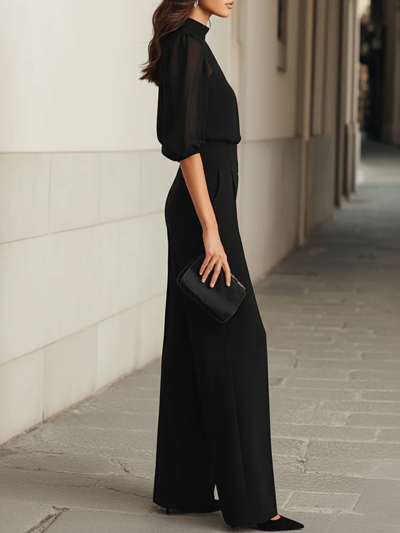 Valentina™ | Ensemble Noir à Trois Pièces : Top en Chiffon Transparent et Pantalons à Jambes Larges